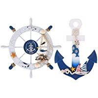 Fangoo 2 Pack 28 CM Rueda de Barco de Madera y 28 CM Ancla de Madera con Cuerda Barco náutico Dirección Timón Decoración…